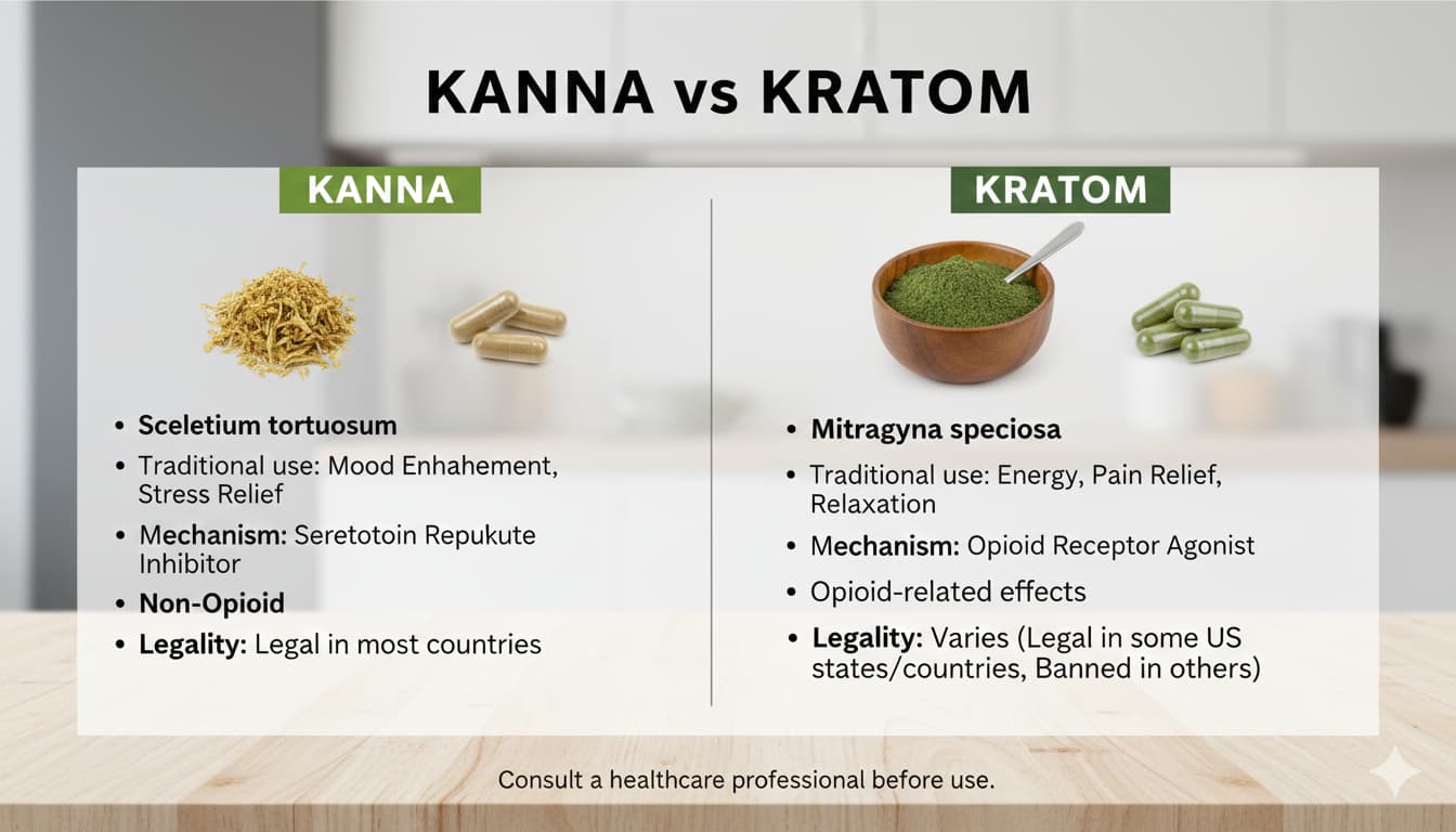Kanna vs Kratom comparison showing different powder forms and product varieties